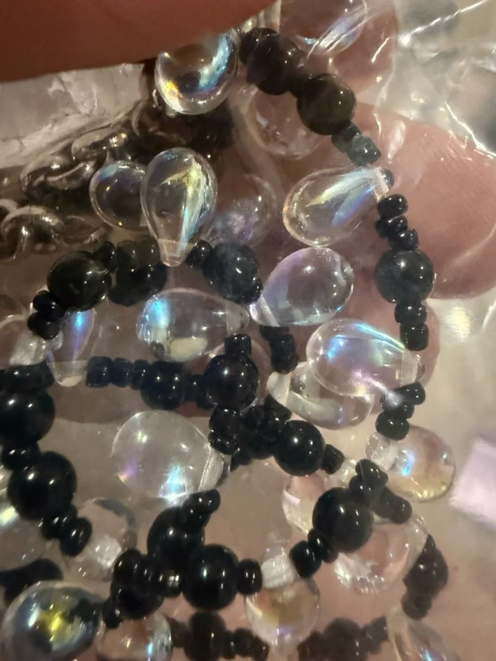 Long Black Beaded Necklace With Rock Crystal and Iridescent Beading